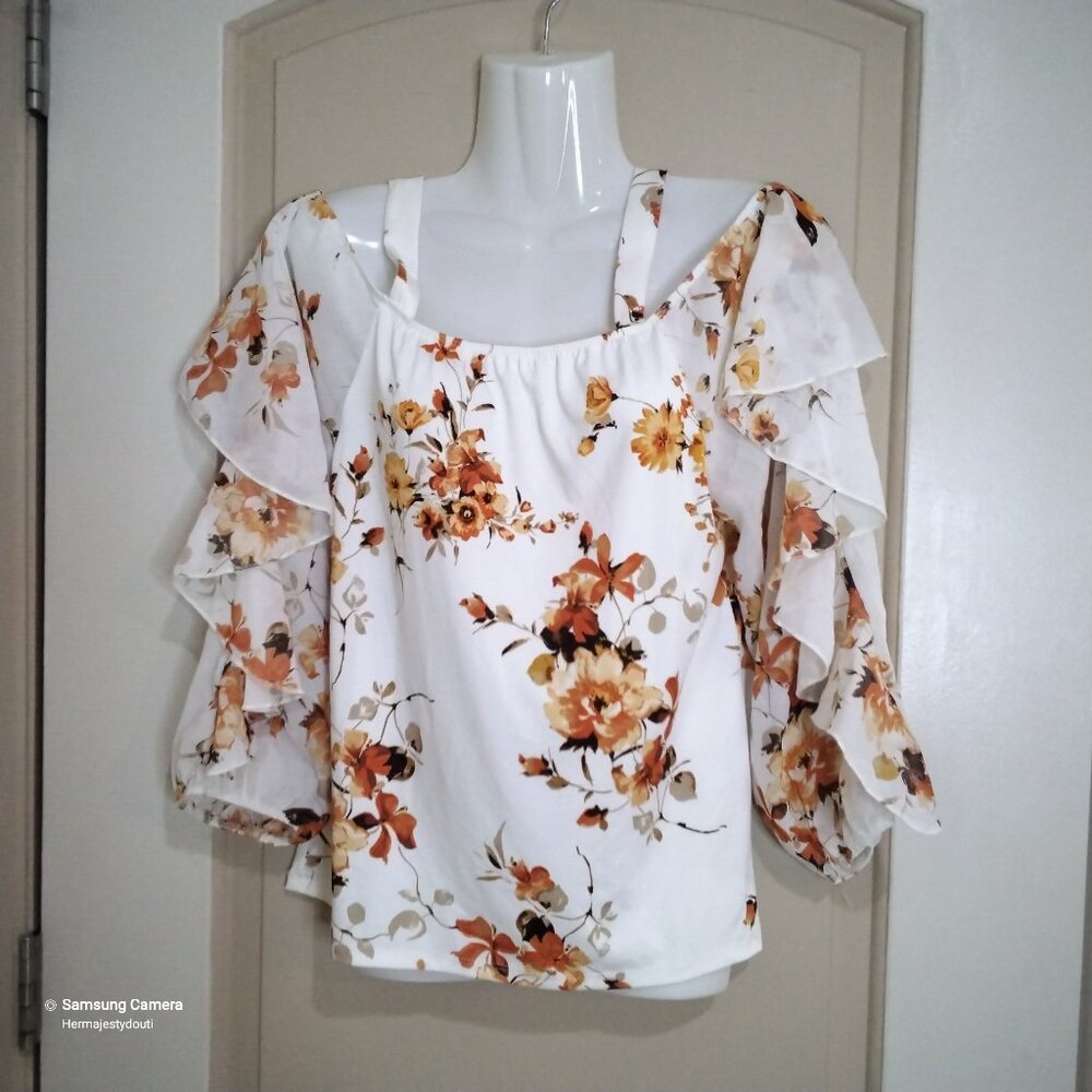 Yellow & Orange Floral Off-The-Shoulder Peasant Cropped Blouse New W/O/T Small